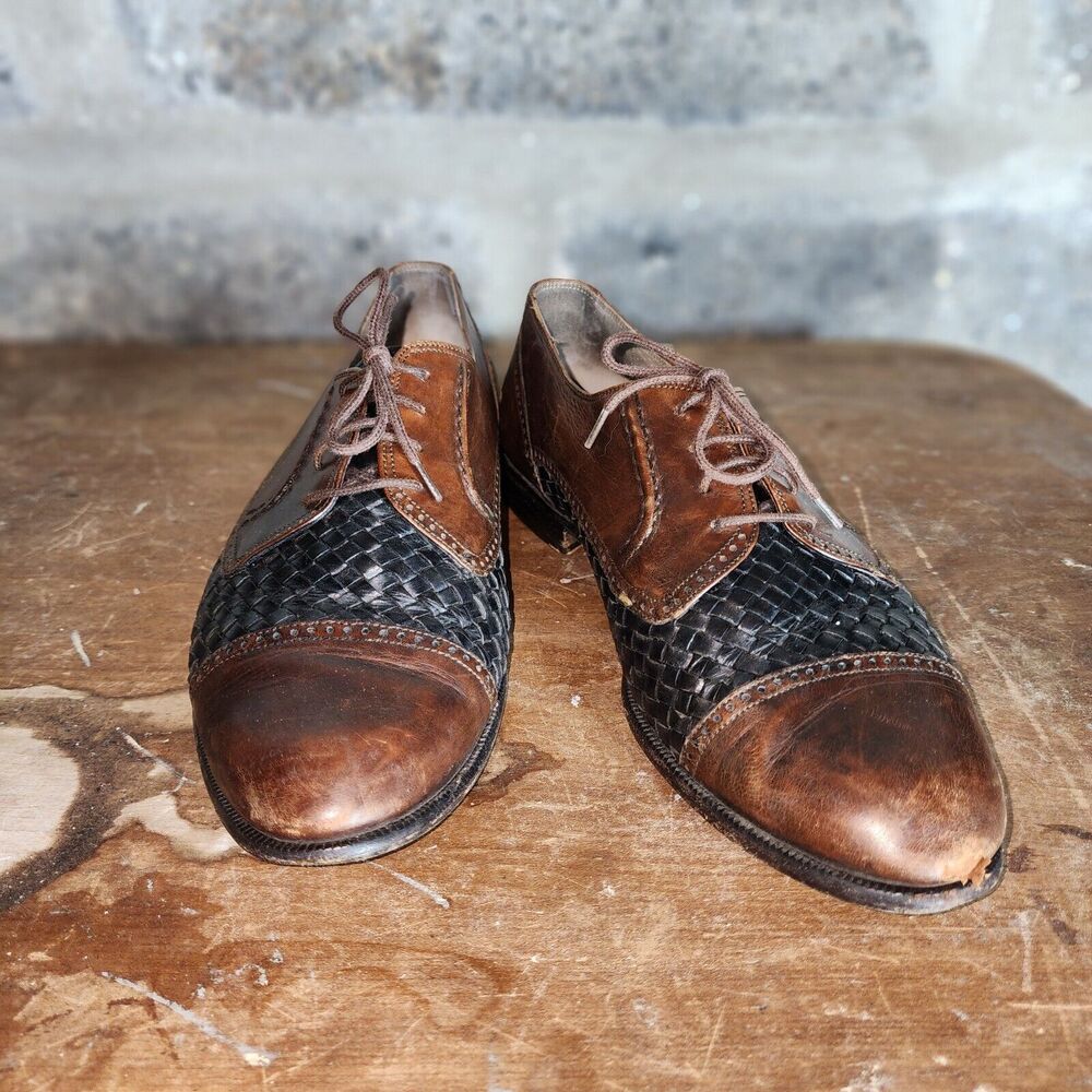 BALLY sz 8 D men's brown black woven leather oxford spectator shoes vintage